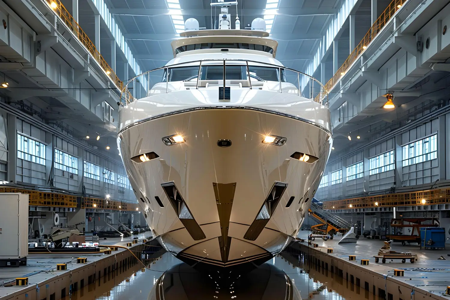 inside a warehouse where a boat is being manufactured