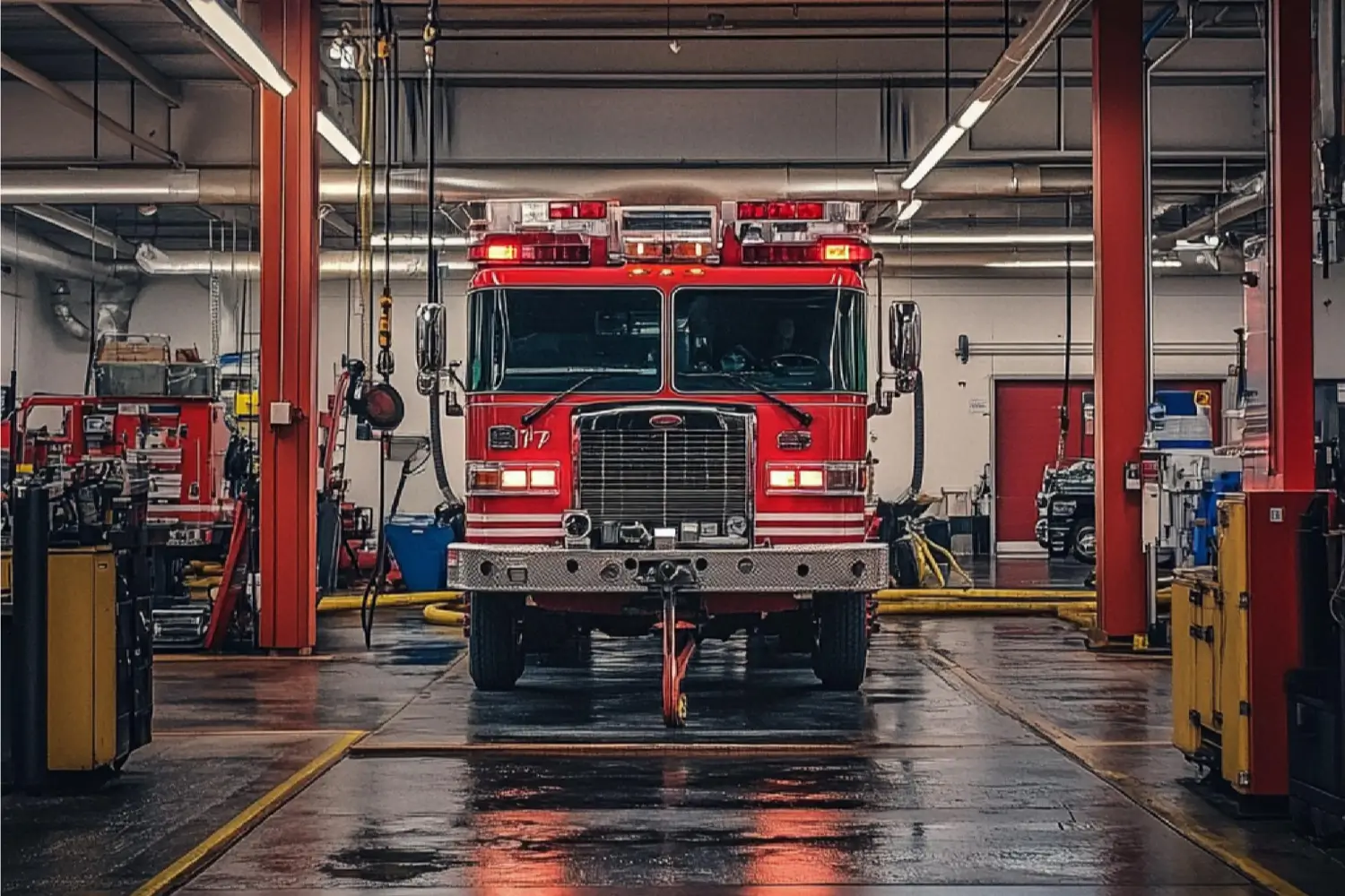 fire truck being put together in a manufacturing plant